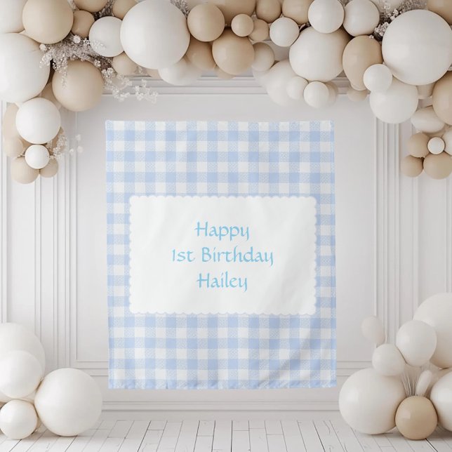 Blue Gingham Custom First Birthday Party Welcome Tapestry (Creator Uploaded)