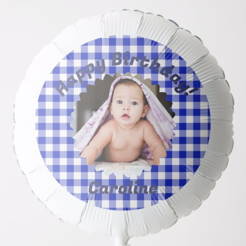 Blue Gingham Custom Photo Happy Birthday Balloon