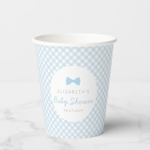 Blue gingham cute bow tie boy baby shower paper cups