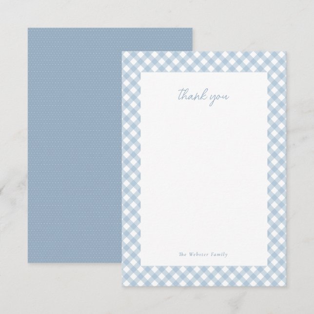 Blue gingham cute personalized baby shower thank you card (Front/Back)