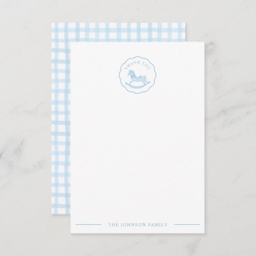 Blue Gingham Cute Rocking Horse Baby Shower Thank You Card