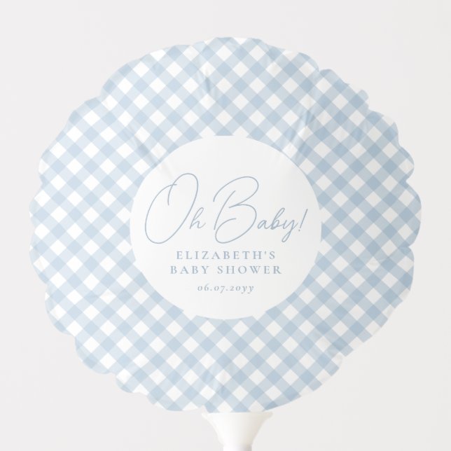 Blue gingham cute simple personalized baby shower balloon (Front)