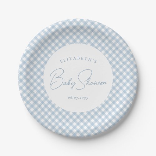 Blue gingham cute simple personalized baby shower paper plates