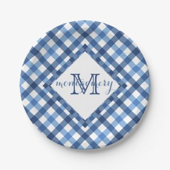 Blue Gingham Diamond Monogram Name Paper Plate by shotwellphoto at Zazzle
