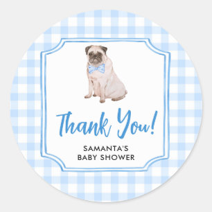Blue Gingham Dog Boy Baby Shower Thank You Classic Round Sticker