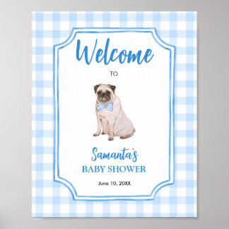 Blue Gingham Dog Boy Baby Shower Welcome Poster