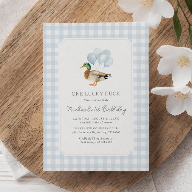 Blue Gingham Duck 1st Birthday Invitation (Creator Uploaded)