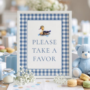 Blue Gingham Duck Favor Baby Shower Sign