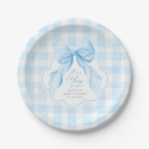 Blue Gingham Elegant Bow Boy Baby Shower Paper Plates