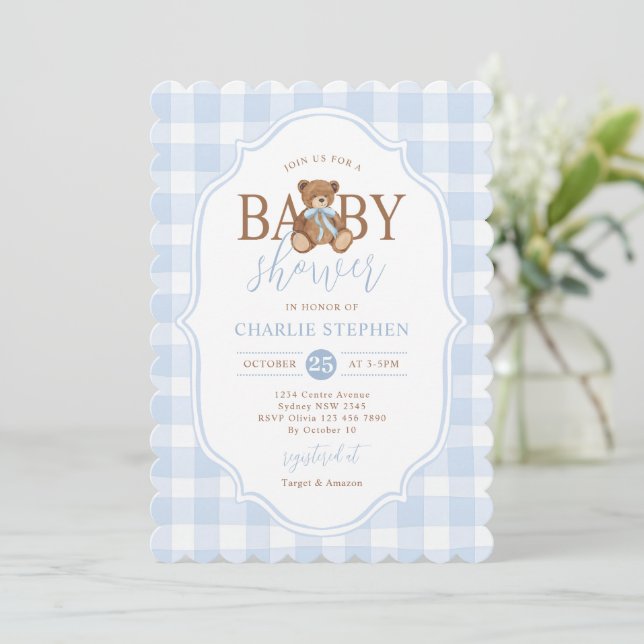 Blue Gingham Elegant Teddy Bear Baby Shower Invitation (Standing Front)