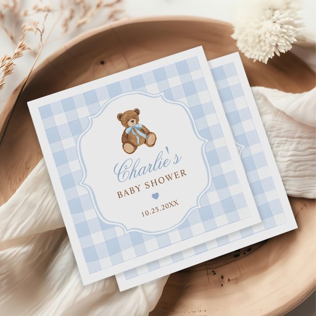 Blue Gingham Elegant Teddy Bear Baby Shower Napkins (Creator Uploaded)