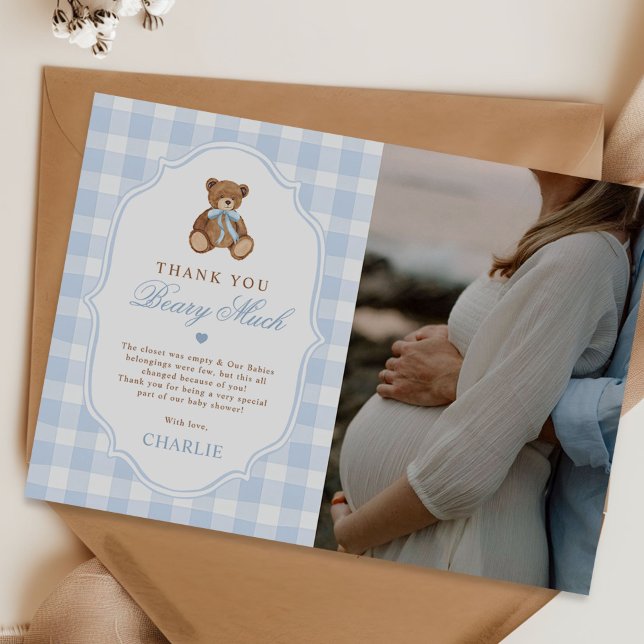 Blue Gingham Elegant Teddy Bear Baby Shower Photo Thank You Card (Creator Uploaded)