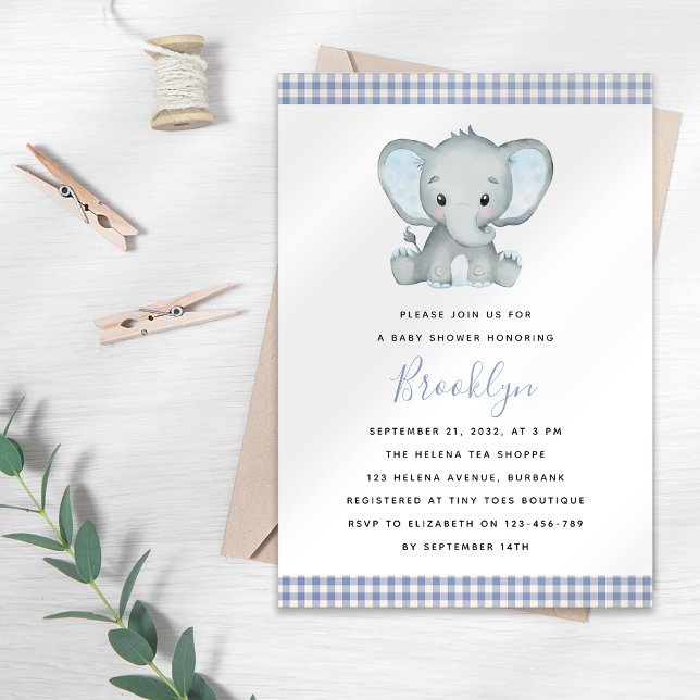 Blue Gingham Elephant Baby Shower Invitation (Creator Uploaded)