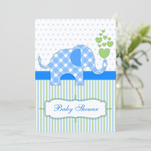Blue Gingham Elephant Baby Shower Invitation