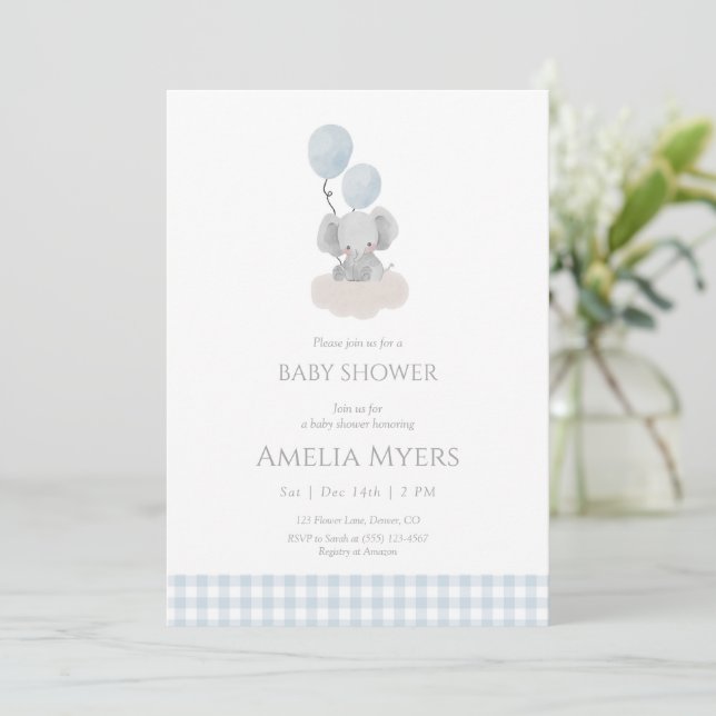 Blue Gingham Elephant on Cloud Baby Shower  Invitation (Standing Front)