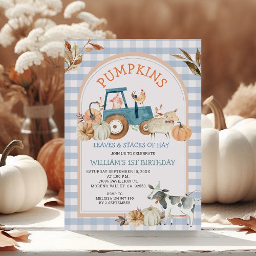 Blue Gingham Fall Pumpkin Farm Animal Birthday 