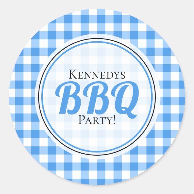 Blue Gingham Family Party BBQ Classic Round Sticker (Front)