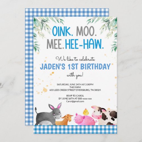 Blue Gingham Farm Animals Boy Birthday Barnyard Invitation