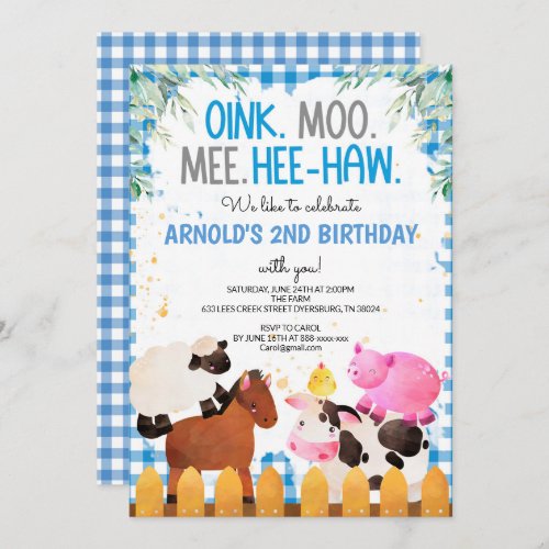 Blue Gingham Farm Animals Boy Birthday Barnyard Invitation