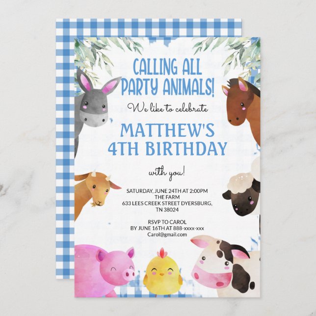 Blue Gingham Farm Animals Boy Birthday Barnyard Invitation (Front/Back)