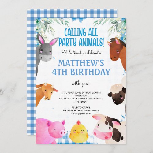 Blue Gingham Farm Animals Boy Birthday Barnyard Invitation