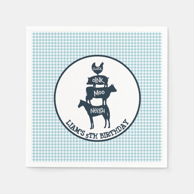 Blue Gingham Farm Theme Animal Birthday Paper Napkins (Front)