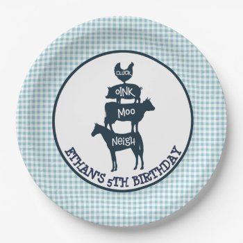 Blue Gingham Farm Theme Animal Girl Birthday Paper Plates by Popcornparty at Zazzle