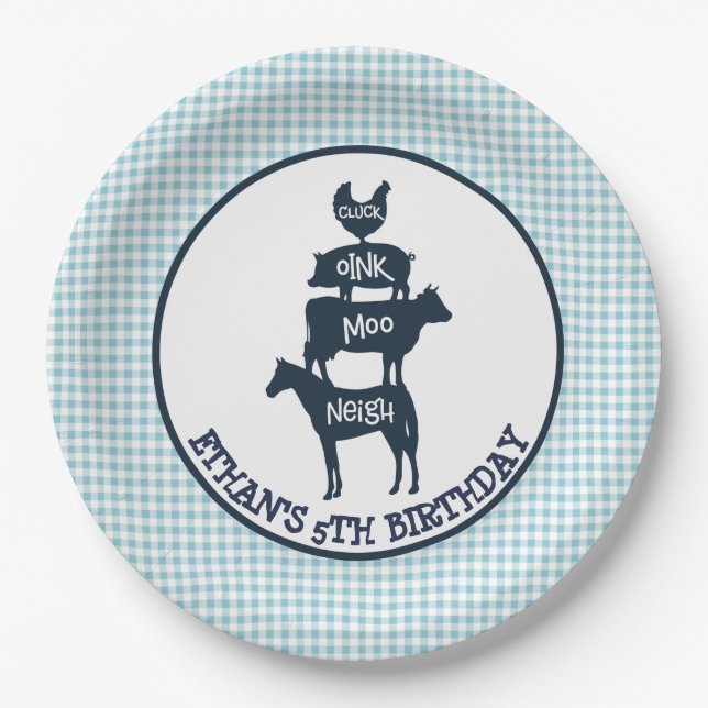 Blue Gingham Farm Theme Animal Girl Birthday Paper Plates (Front)