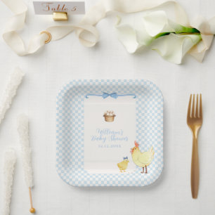 Blue Gingham Farmer Little Chick Boy Baby Shower Paper Plates