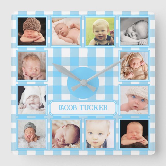Blue Gingham Farmhouse 12-photo Boy Nursery Square Wall Clock (Front)