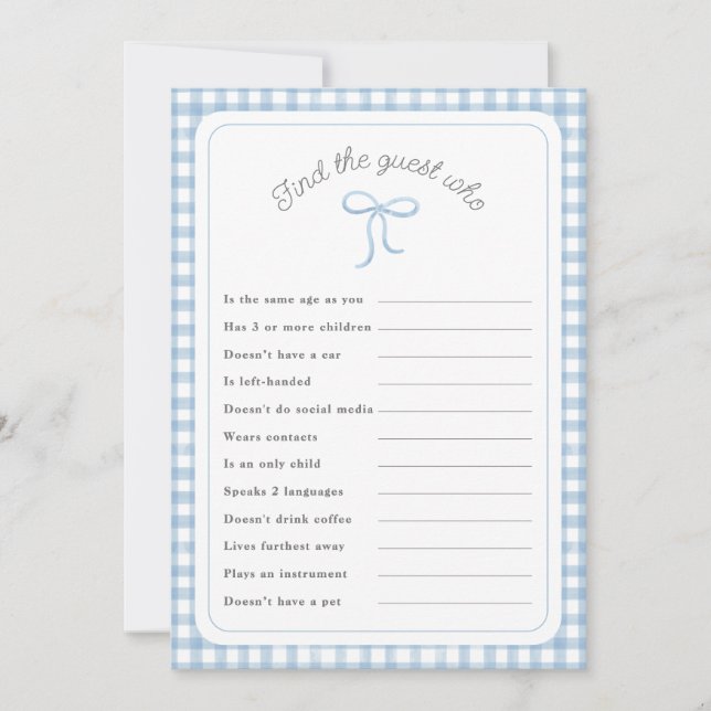 Blue gingham Find the Guest Who shower game Invitation (Front)