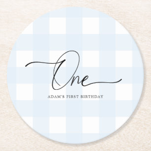 Blue Gingham First Birthday Drink Coaster