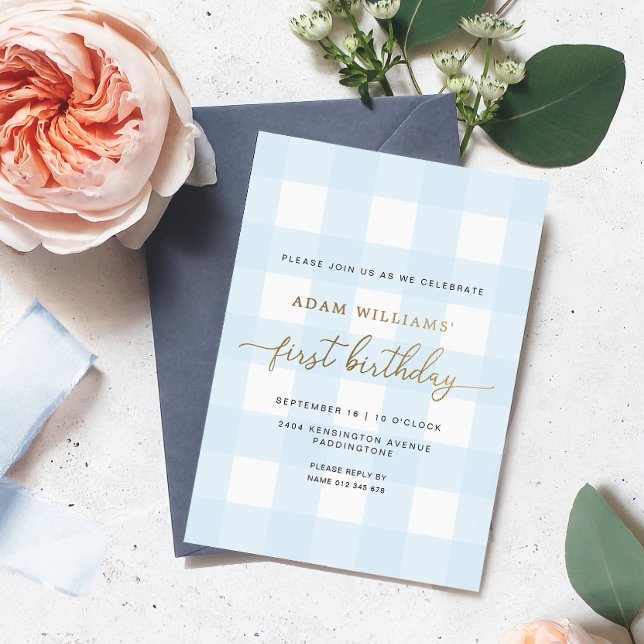 Blue Gingham First Birthday Gold Foil Invitation (Creator Uploaded)