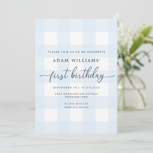 Blue Gingham First Birthday Invitation (Standing Front)