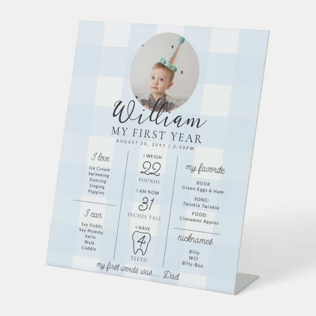 Blue Gingham First Birthday Milestone Timeline Pedestal Sign (Front)