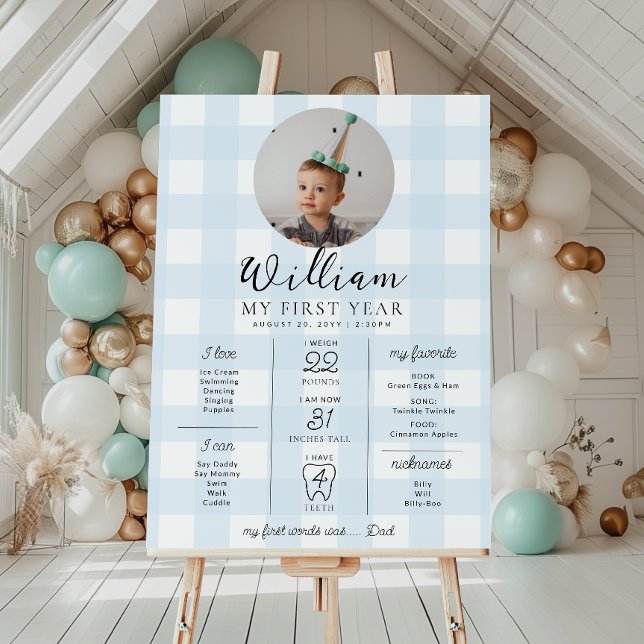 Blue Gingham First Birthday Milestone Timeline Poster (First Birthday Photo Milestone Sign)