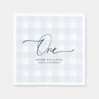 Blue Gingham First Birthday Paper Napkin