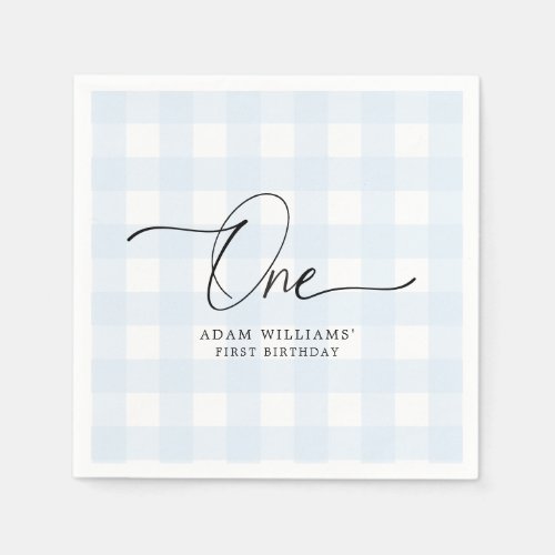 Blue Gingham First Birthday Paper Napkin