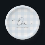 Blue Gingham First Birthday Paper Plates<br><div class="desc">These first birthday paper plates feature a timeless gingham design with a modern hand-lettered font.</div>