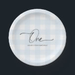 Blue Gingham First Birthday Paper Plates<br><div class="desc">These first birthday paper plates feature a timeless gingham design with a modern hand-lettered font.</div>