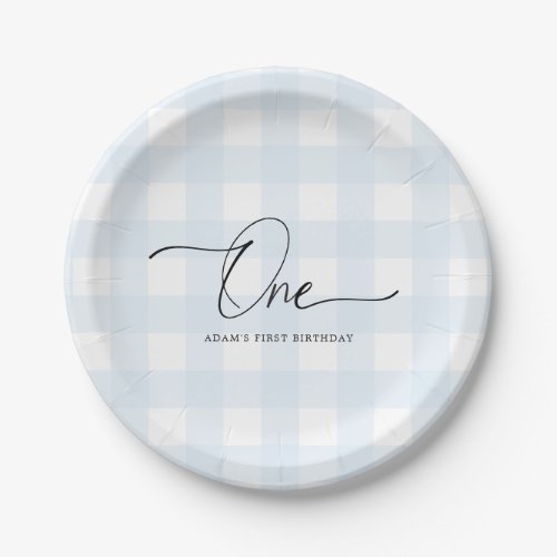 Blue Gingham First Birthday Paper Plates