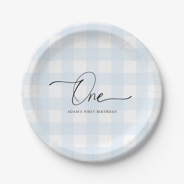 Blue Gingham First Birthday Paper Plates (Front)