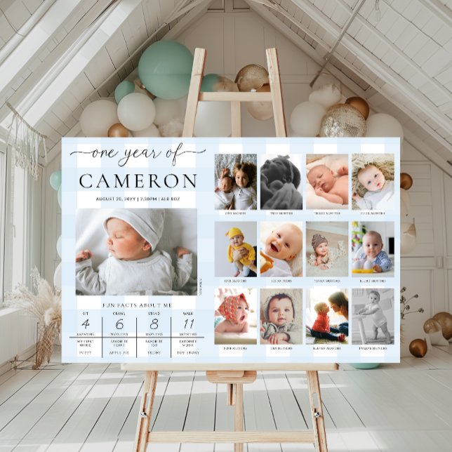 Blue Gingham First Birthday Photo Milestone Poster (Creator Uploaded)