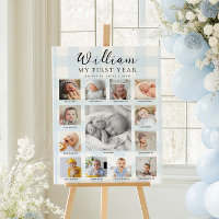 Blue Gingham First Birthday Photo Timeline