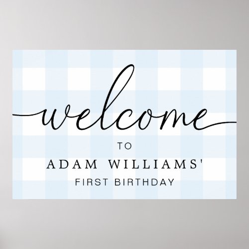 Blue Gingham First Birthday Welcome Sign