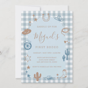 Blue Gingham First Rodeo Wild West Birthday Invitation