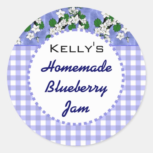 Blue gingham floral blueberry jam label (Front)