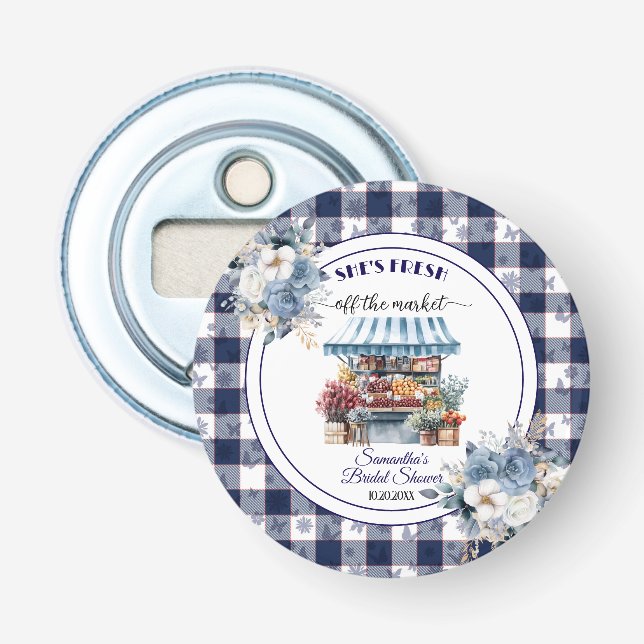 Blue Gingham Floral Bridal Shower favor Bottle Opener (Front)