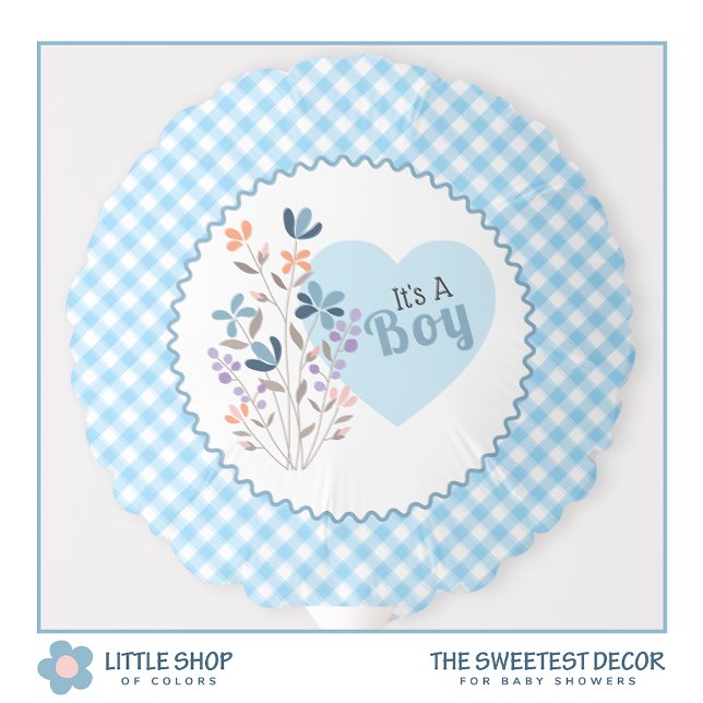Blue Gingham Floral It’s a Boy Baby Shower Balloon (Creator Uploaded)