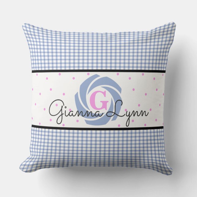 Blue Gingham Floral Monogram Throw Pillow (Front)